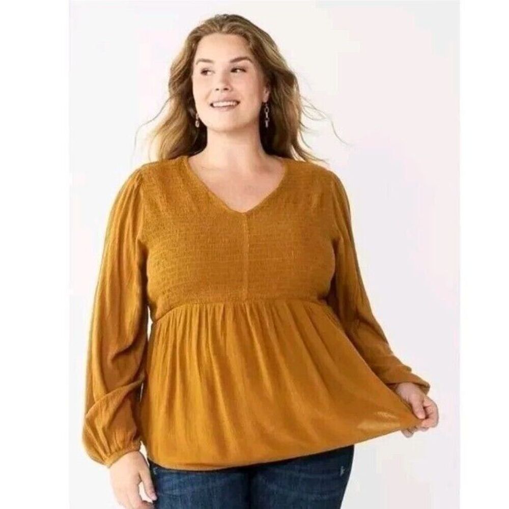 Sonoma Mustard Yellow Smocked Bust Peasant Blouse